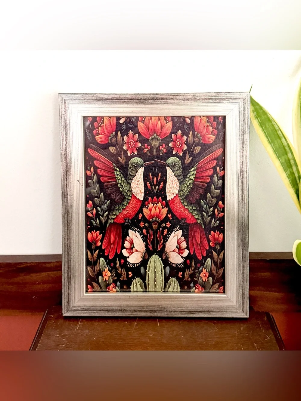 Hummingbird Floral Cactus Colorful Canvas Art Print Silver Framed Wall Hanging